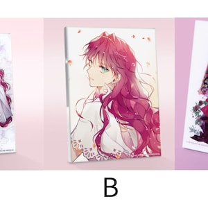 May include: Three different illustrations of a woman with long pink hair wearing different outfits. The first illustration shows the woman in a white dress, the second illustration shows the woman in a white dress with a pink floral pattern, and the third illustration shows the woman in a red dress with a floral pattern.