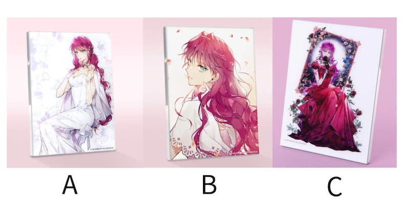 May include: Three different illustrations of a woman with long pink hair wearing different outfits. The first illustration shows the woman in a white dress, the second illustration shows the woman in a white dress with a pink floral pattern, and the third illustration shows the woman in a red dress with a floral pattern.