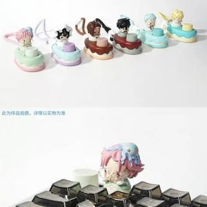 May include: A collection of miniature figurines, each depicting a character atop a colorful, cake-shaped base. The figurines feature various hair colors and outfits. The text in the image says: "This is a sample photo, please refer to the actual product."