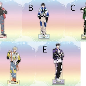 May include: Acrylic standees featuring five anime-style male figures in fashionable streetwear. Each figure is on a clear base. The figures wear jackets, tracksuits, and jeans in various colors, including red, blue, green, yellow, and purple.
