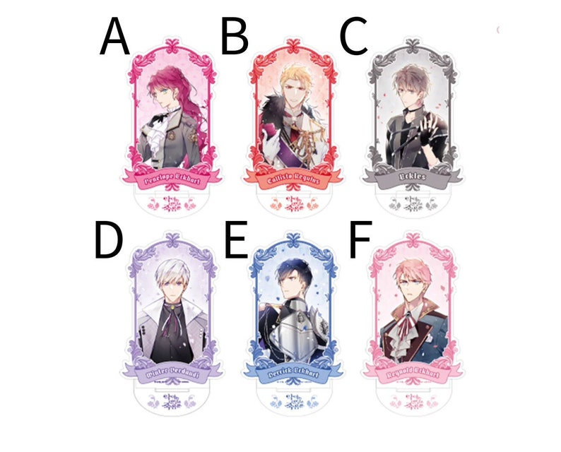 May include: Six acrylic character stand-ups featuring anime-style characters with different colored hair and outfits. Each stand-up has a decorative frame and a banner with the character's name. The characters are:  Percival, Calixte,  Ucklies, Winter, Derrick, and Reynald.