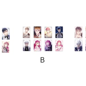 May include: Three rows of colorful anime character trading cards, each row labeled with the letters A, B, and C. The cards feature different characters with various expressions and poses.