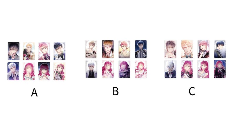 May include: Three rows of colorful anime character trading cards, each row labeled with the letters A, B, and C. The cards feature different characters with various expressions and poses.