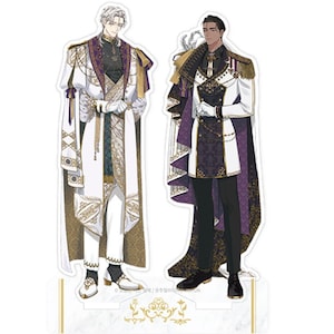 Könnte beinhalten: Zwei Figuren in aufwendigen weißen und goldenen Outfits mit violetten Akzenten stehen auf einem Marmorsockel. Die Figur links hat silbernes Haar und die Figur rechts hat schwarzes Haar. Der Sockel hat ein goldenes Blumenmuster und den Text "©2023 텐미디어 |  ㈜학산문화사 |  FRACTION" in Koreanisch.