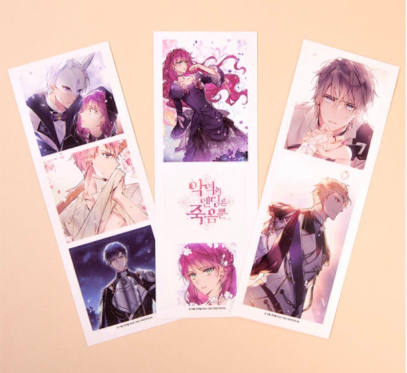 May include: A set of six illustrated bookmarks featuring characters from a manga or anime. The bookmarks are printed on white cardstock and feature a variety of characters, including a woman with pink hair, a man with blonde hair, and a man with brown hair. The bookmarks are all rectangular in shape and have rounded corners. The text on the bookmarks is in Korean.