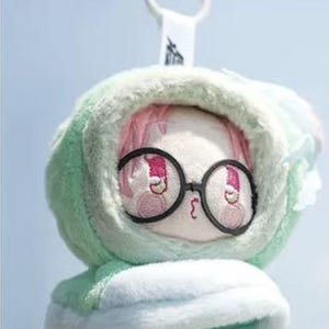 Op de afbeelding: Een pluche pop met een rond gezicht, met een mintgroene capuchon en bril. De pop heeft roze haar en geborduurde gezichtskenmerken. Een witte lus en label zijn aan de bovenkant bevestigd.