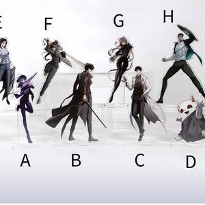 May include: Set of ten acrylic character stand-ups featuring various characters from the anime series "Jujutsu Kaisen". The stand-ups are on a white background and are arranged in two rows of five. The characters include:  Gojo Satoru, Megumi Fushiguro, Nobara Kugisaki, Yuji Itadori, and Sukuna.