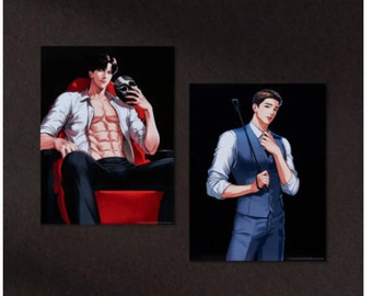May include: Two illustrations of men in different poses. The man on the left is wearing a white shirt, black pants, and a black mask. He is sitting in a red chair. The man on the right is wearing a blue suit and a white shirt. He is holding a whip in his right hand.