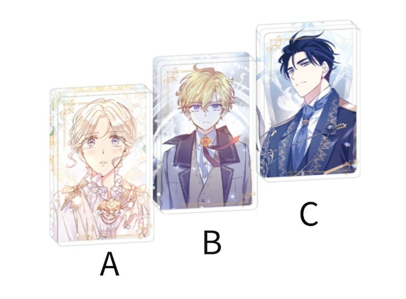 Puede incluir: Tres soportes acr&iacute;licos transparentes con ilustraciones de personajes de estilo anime. Los soportes muestran tres personajes diferentes, cada uno con peinados y atuendos &uacute;nicos. Los personajes est&aacute;n etiquetados A, B y C. Los soportes tienen un borde decorativo.