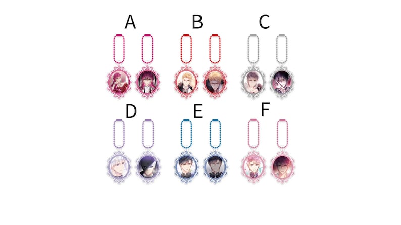 May include: Six different charm necklaces with anime character portraits. Each necklace has a different colored chain and a different character portrait. The characters are all male and have different hairstyles and clothing.
