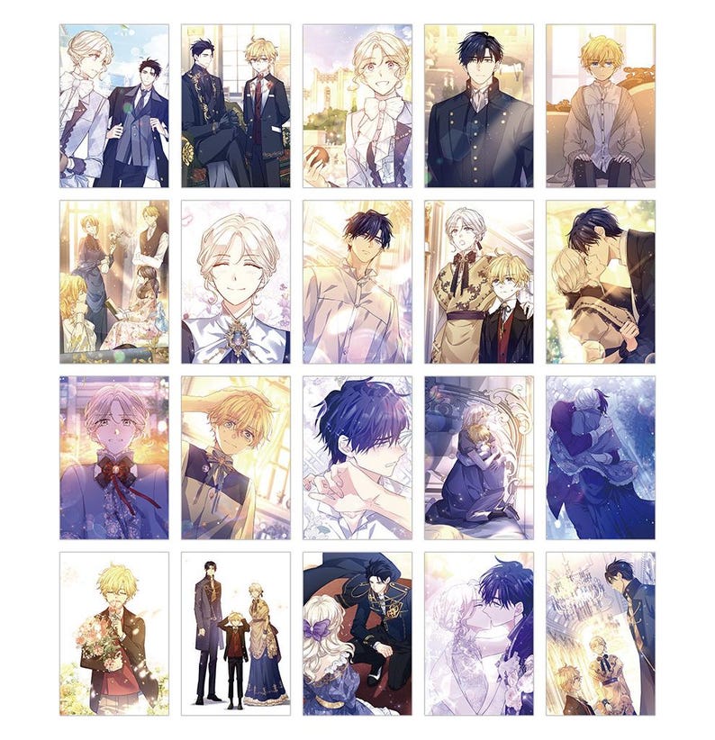 Puede incluir: Una colecci&oacute;n de impresiones art&iacute;sticas de personajes de estilo anime. Las impresiones presentan varias figuras masculinas con atuendos elegantes, con un enfoque en escenas rom&aacute;nticas y dram&aacute;ticas. La paleta de colores incluye azules, blancos y dorados.