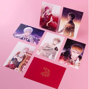 May include: Set of six illustrated postcards featuring characters from the Korean webtoon "Blood and Oath". The postcards are printed on high-quality cardstock and feature vibrant colors and intricate details. The set includes a red envelope with gold lettering that reads "Blood and Oath".