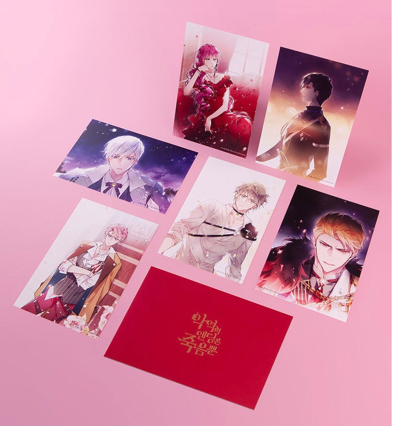 May include: Set of six illustrated postcards featuring characters from the Korean webtoon "Blood and Oath". The postcards are printed on high-quality cardstock and feature vibrant colors and intricate details. The set includes a red envelope with gold lettering that reads "Blood and Oath".