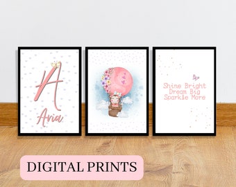 Set of 3 personalised baby prints, Balloon nursery prints, New Baby gift, Personalised name nursery picture, Nursery girl decor