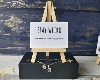 Stay Weird Card and Skull Charm Personalised Bracelet, Teenage Jewellery, Daughter Bracelet, Initial Bracelet & Skull charm Keepsake Card