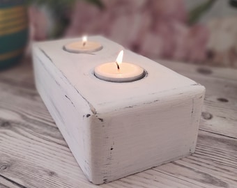 White Distressed Wood Tealight Holder, Wedding Present, New Home Gift, Housewarming Gift, Shabby Chic Candle Holder,