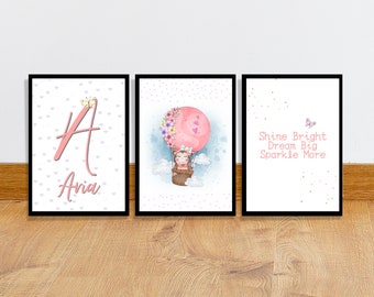 Balloon nursery prints, Set of 3 personalised baby prints, New Baby gift, Personalised name nursery picture, Nursery girl decor