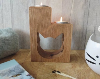 Cat wooden oak tealight holder, Purrfect cat lovers gift, Cat lover gift for the home, Unique cat gift, Cat Candle holder, Cat wood ornament