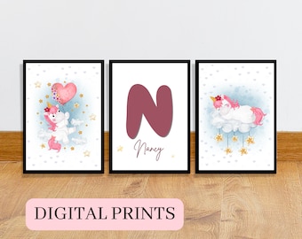 Unicorn nursery picture for pink nursery, 3 personalised baby prints, New Baby unicorn gift, Name nursery picture, Nursery girl decor