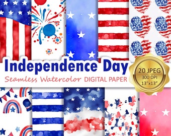 Digital Paper for 4TH OF JULY, Independence Day digital paper, 20 Seamless Watercolor, Digital Patterns, Digital Paper Pack Download