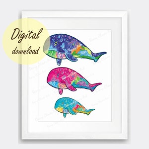 Digital Whale Print,Whale Family art,cute whale print,Whale Family painting,Whale wall art,Whale art print, Whale nursery art,wall art