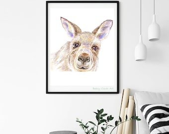 Kangaroo Portrait Print, Australian Animal Wall Art, Kangaroo colorful, hand drawn (Digital Download)