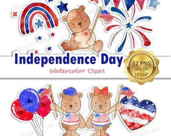 Watercolor 4th of July Clipart, Teddy Bear Independence Day PNG, hand-drawn, Printable