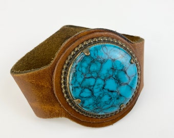 Large Turquoise Round Cabochon Leather Snap Cuff Blue Stone Bracelet Boho Hippie Leather Cuff Bracelet Women Men