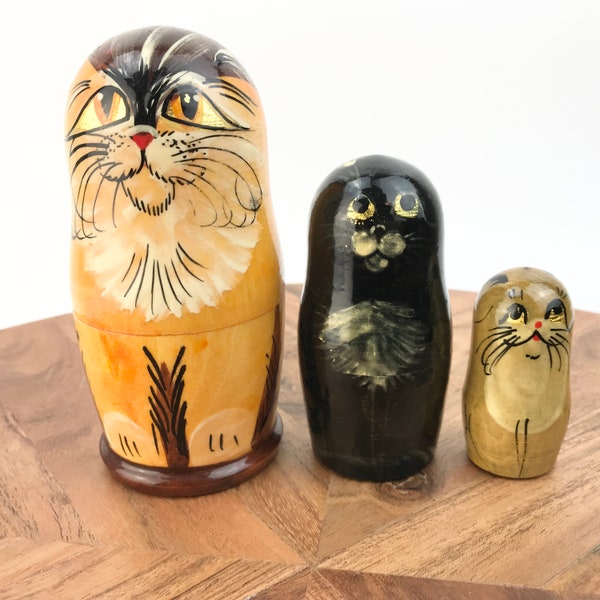 Vintage Cat Nesting Dolls 5 1/8" tall Hand painted Toys Nursery Home Decor 3 Glazed Wood Kitty Cats Animal Lover Gift Idea