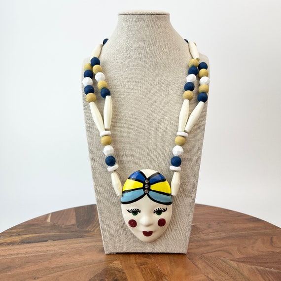 New Orleans Mask Pendant Necklace Beaded Painted … - image 1