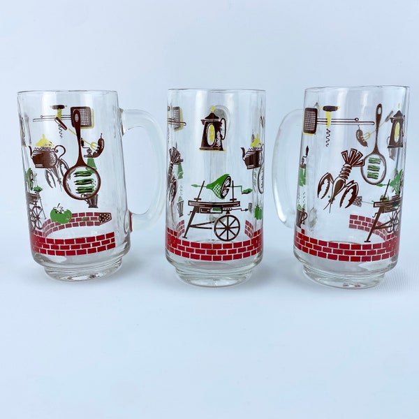 BBQ Beer Mugs Glasses Vintage Mid Century Kitsch Classic Grilling Theme Continental Can Company Decal Glasses Retro Graphics Heavy Barware