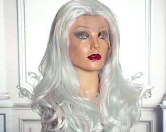 Peruca branca de alta qualidade com tons rosa com frente de renda, peruca para dragqueen e cosplay feita de fibra sintética