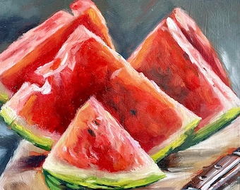 Original Ölgemälde, Stillleben, Küchenbild, „Melonenstücke“, 15x15cm
