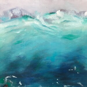 May include: Abstract painting of a stormy sea with whitecaps and turquoise and blue water.