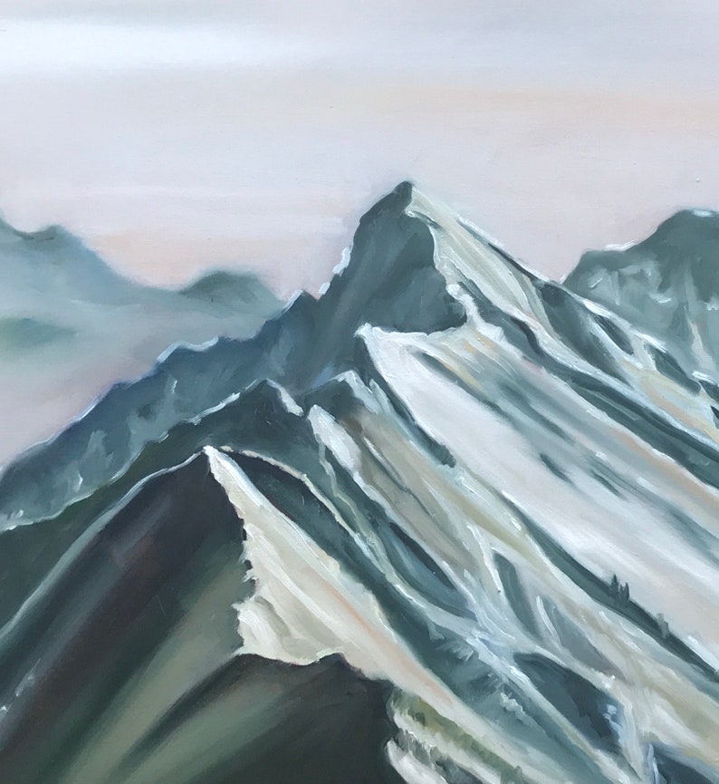 May include: A painting of a mountain range with snow-capped peaks. The mountains are painted in shades of green and white, with a soft, hazy background.