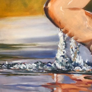 May include: A close-up of a painting depicting a wave crashing into the water. The wave is white and foamy, and the water is a deep blue. The painting is done in a realistic style.