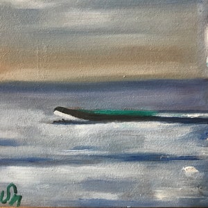May include: A painting of a dark green boat on a blue and white sea with a light brown and gray sky.