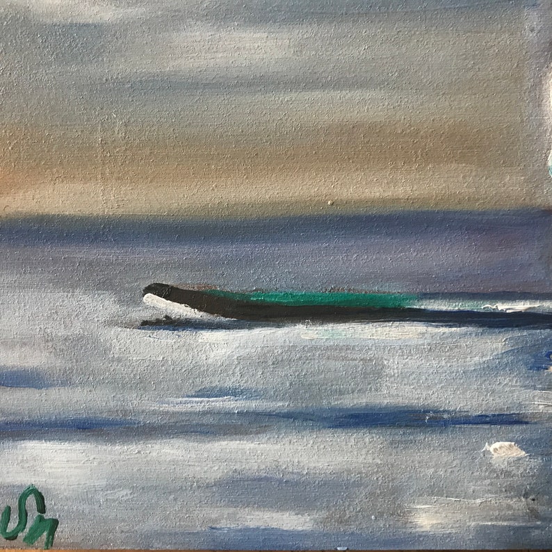May include: A painting of a dark green boat on a blue and white sea with a light brown and gray sky.