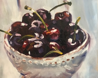 Ölgemälde, Stillleben, Küchenbild, „Schale mit Kirschen“, 15x15cm