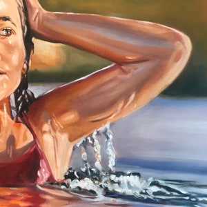 May include: A painting of a woman with wet hair and a red bathing suit emerging from water. Water droplets are falling from her arm and splashing into the water.