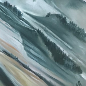 May include: Abstract painting with a layered, textured look. The painting features shades of gray, white, and beige, creating a sense of depth and movement. The brushstrokes are visible, adding to the painting's organic feel.
