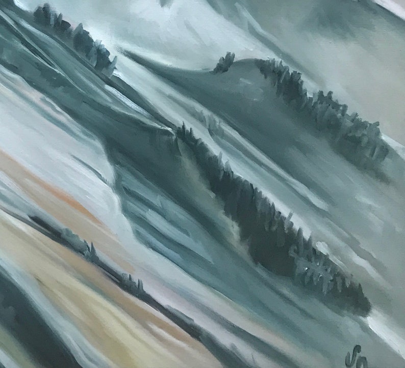 May include: Abstract painting with a layered, textured look. The painting features shades of gray, white, and beige, creating a sense of depth and movement. The brushstrokes are visible, adding to the painting's organic feel.