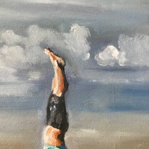 May include: A painting of a person doing a handstand against a blue sky with white clouds. The person is wearing black shorts and has bare legs.