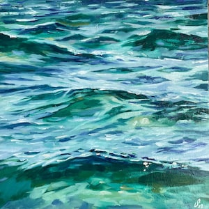 May include: Abstract painting of a turquoise and blue ocean with white foam. The painting has a textured, brushstroke effect.