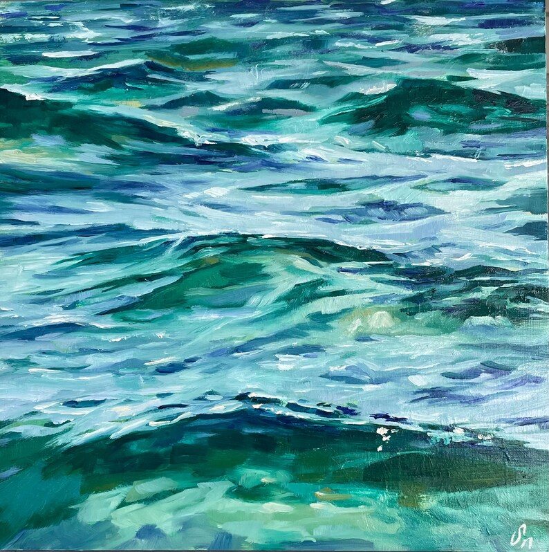 May include: Abstract painting of a turquoise and blue ocean with white foam. The painting has a textured, brushstroke effect.