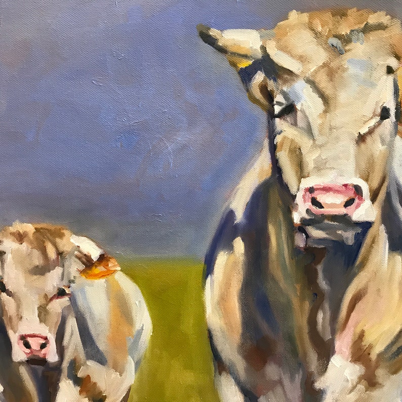 May include: A painting of two cows, one larger than the other, standing in a field. The larger cow is facing the viewer, while the smaller cow is looking to the side. The cows are both white with brown markings. The background is a light blue sky.