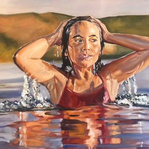May include: A painting of a woman with dark hair emerging from a body of water. She is wearing a red tank top and has her hands on her head. The water is a light blue color and there are ripples on the surface. The background is a blurry landscape of hills and trees.