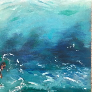 May include: A painting of a blue ocean with white waves and a small figure in the foreground. The sky is a light blue and the water is a deep blue.