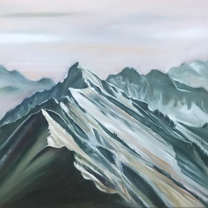 May include: A painting of a mountain range with snow-capped peaks. The mountains are painted in shades of green, white, and brown. The sky is a light blue with a few clouds.