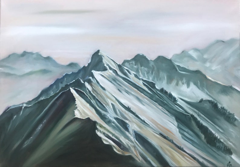 May include: A painting of a mountain range with snow-capped peaks. The mountains are painted in shades of green, white, and brown. The sky is a light blue with a few clouds.